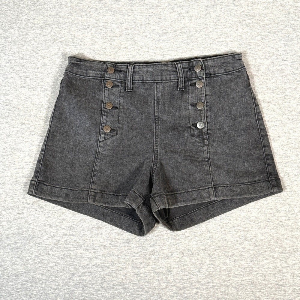 No Boundaries High Rise Sailor Button Denim Shorts Washed Black Womens Size 11